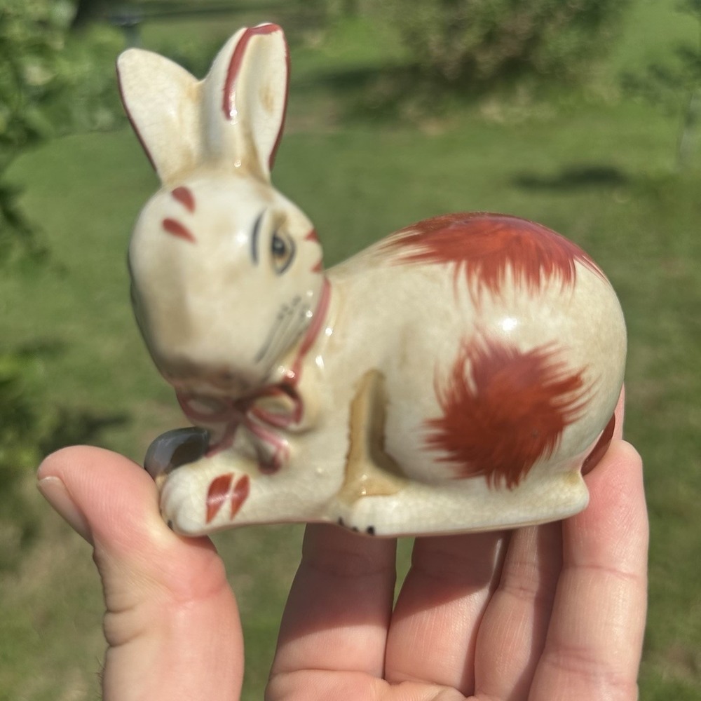 Staffordshire Style Bunny Rabbit Small Porcelain Figurine 4" Red Rust Miniature